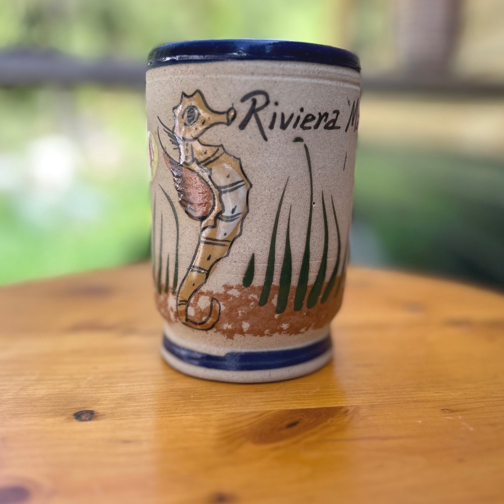 Vintage Pottery Mug Riviera Maya Seahorse Hand Painted Ceramic Coastal Folk Art